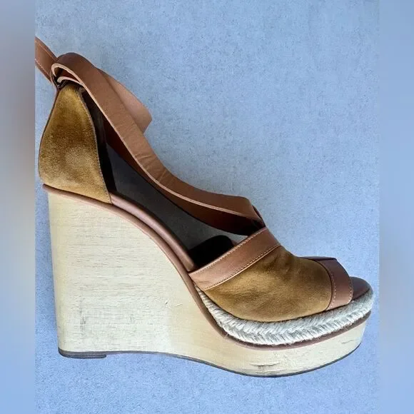 Hermes Tan Suede and Leather Wooden Wedge Ibiza Sandals size 38 - Picture 11 of 15